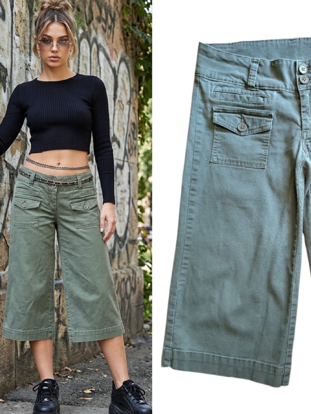 Y2K VTG Olive Green Wide Leg Cargo Cropped Capri Pants‎ SZ 9 Low Waist